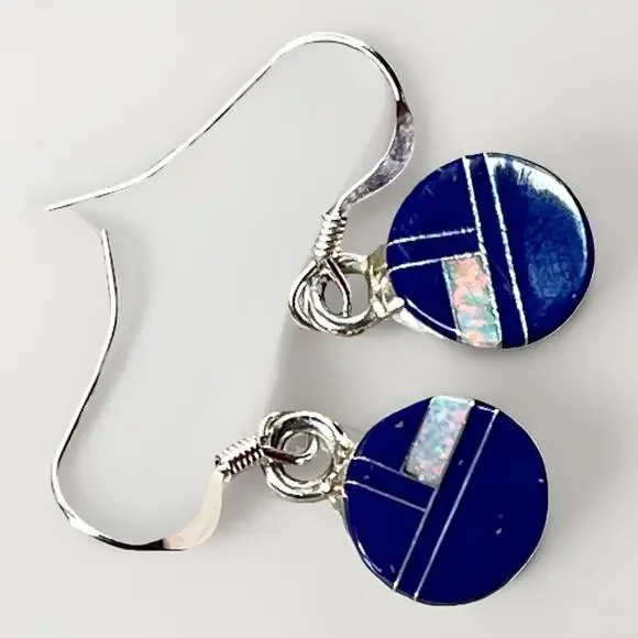 Navajo Sterling Silver Mosaic Opal Inlay Drop Earrings by Cheryl Martinez NEW